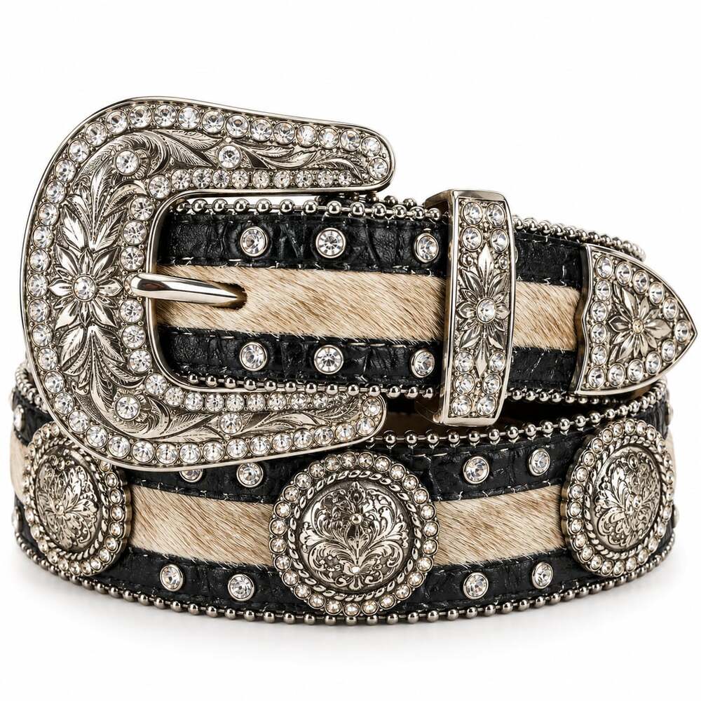 Western Y2K Cowhide Hair-On Rhinestone Concho Belt S/M Black Silver Cowgirl Glam